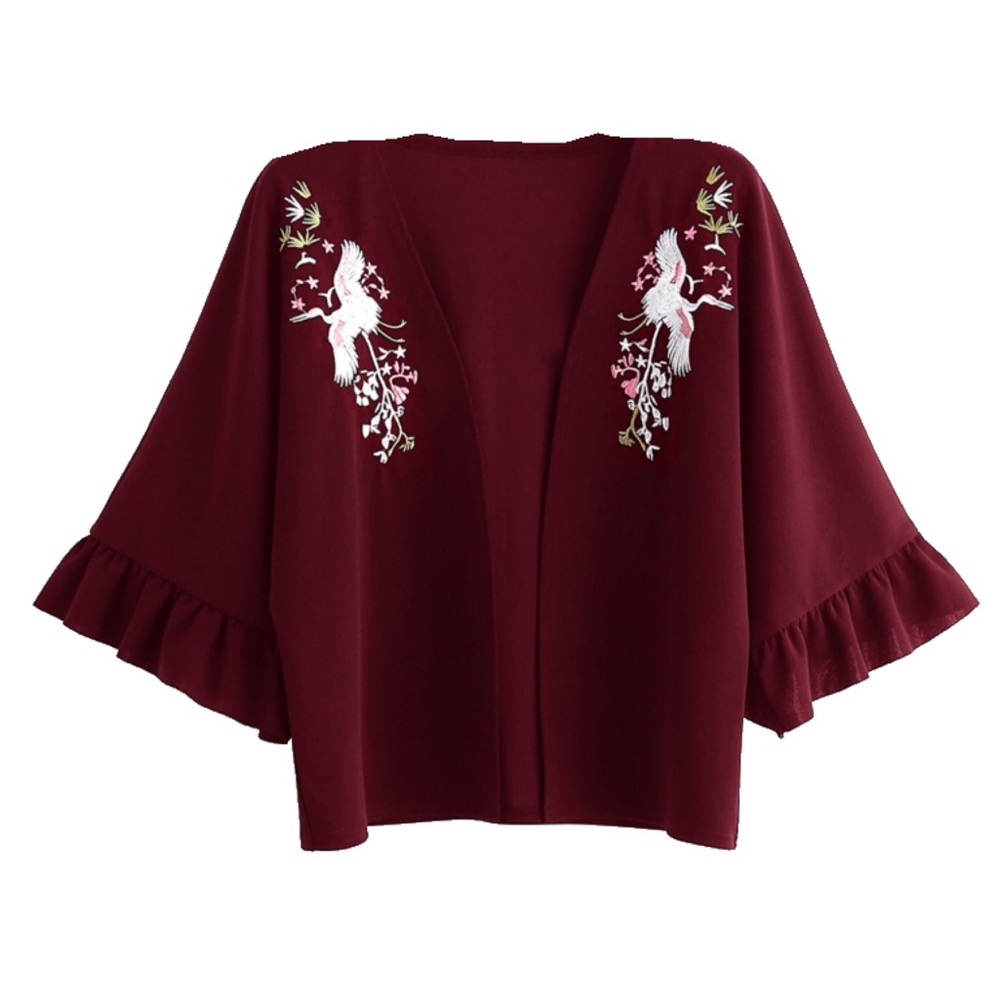 SHEIN crane embroidered 3/4 sleeve kimono